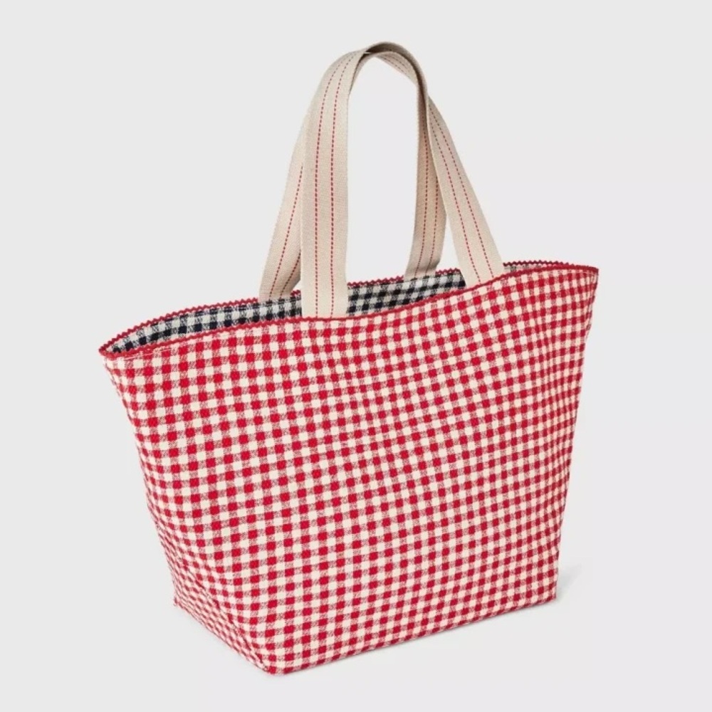 Universal Thread Reversible Gingham Canvas Tote - Red, Cream, and Blue